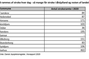 106 borgere i Syddjurs og 103 i Norddjurs blev i 2020 ramt af stroke - en blødning eller blodprop i hjernen.
